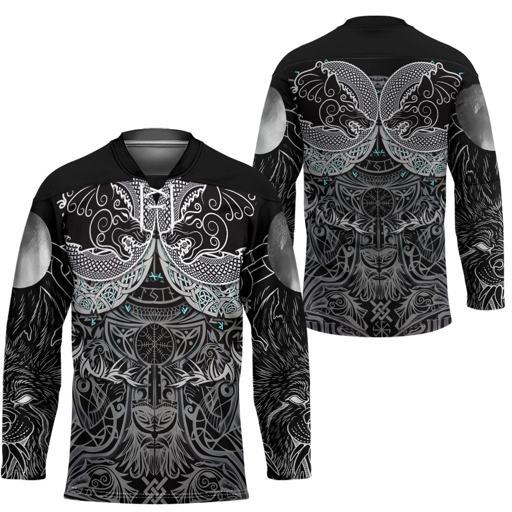 Viking Odin Ravens Wolves Vegvisir Hockey Jersey Nordic Knotwork Mythology Engraving Style