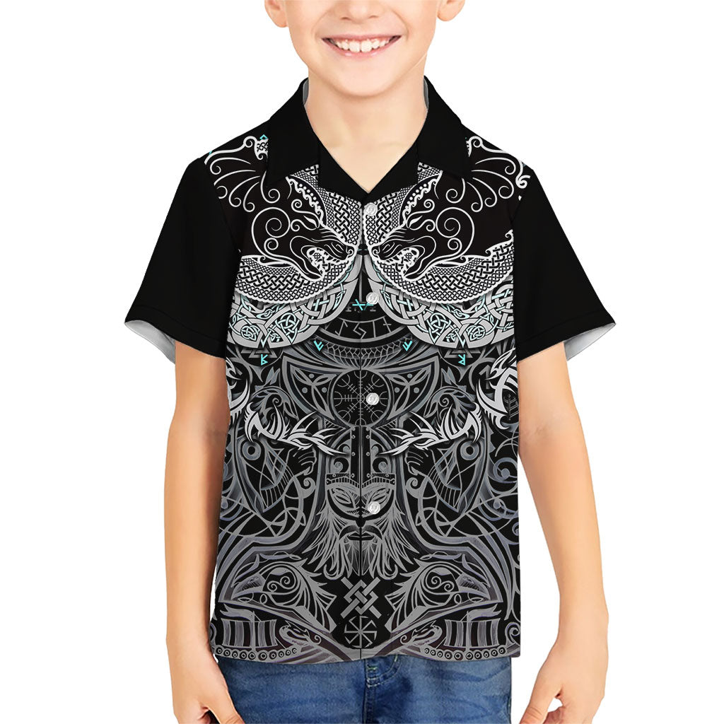 Viking Odin Ravens Wolves Vegvisir Kid Hawaiian Shirt Nordic Knotwork Mythology Engraving Style