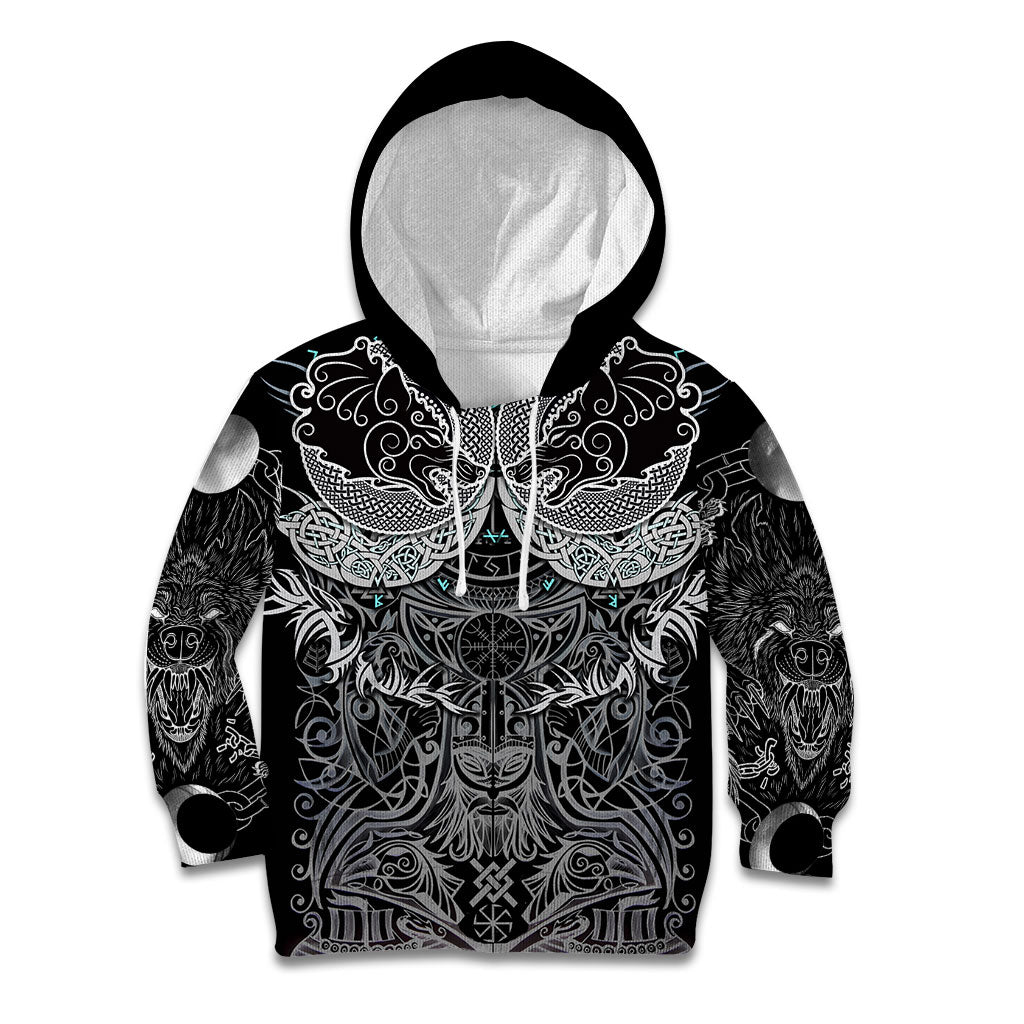 Viking Odin Ravens Wolves Vegvisir Kid Hoodie Nordic Knotwork Mythology Engraving Style