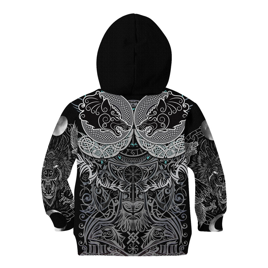 Viking Odin Ravens Wolves Vegvisir Kid Hoodie Nordic Knotwork Mythology Engraving Style