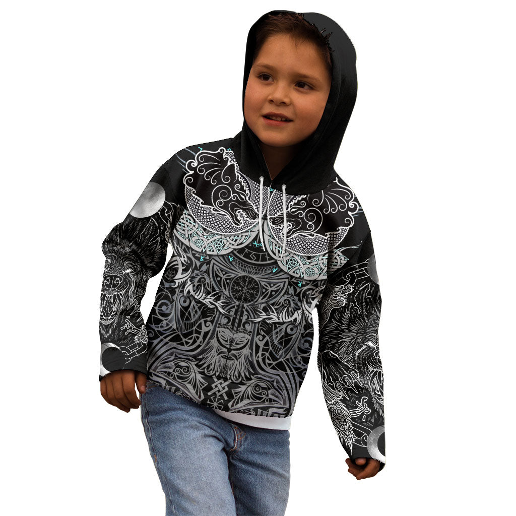 Viking Odin Ravens Wolves Vegvisir Kid Hoodie Nordic Knotwork Mythology Engraving Style