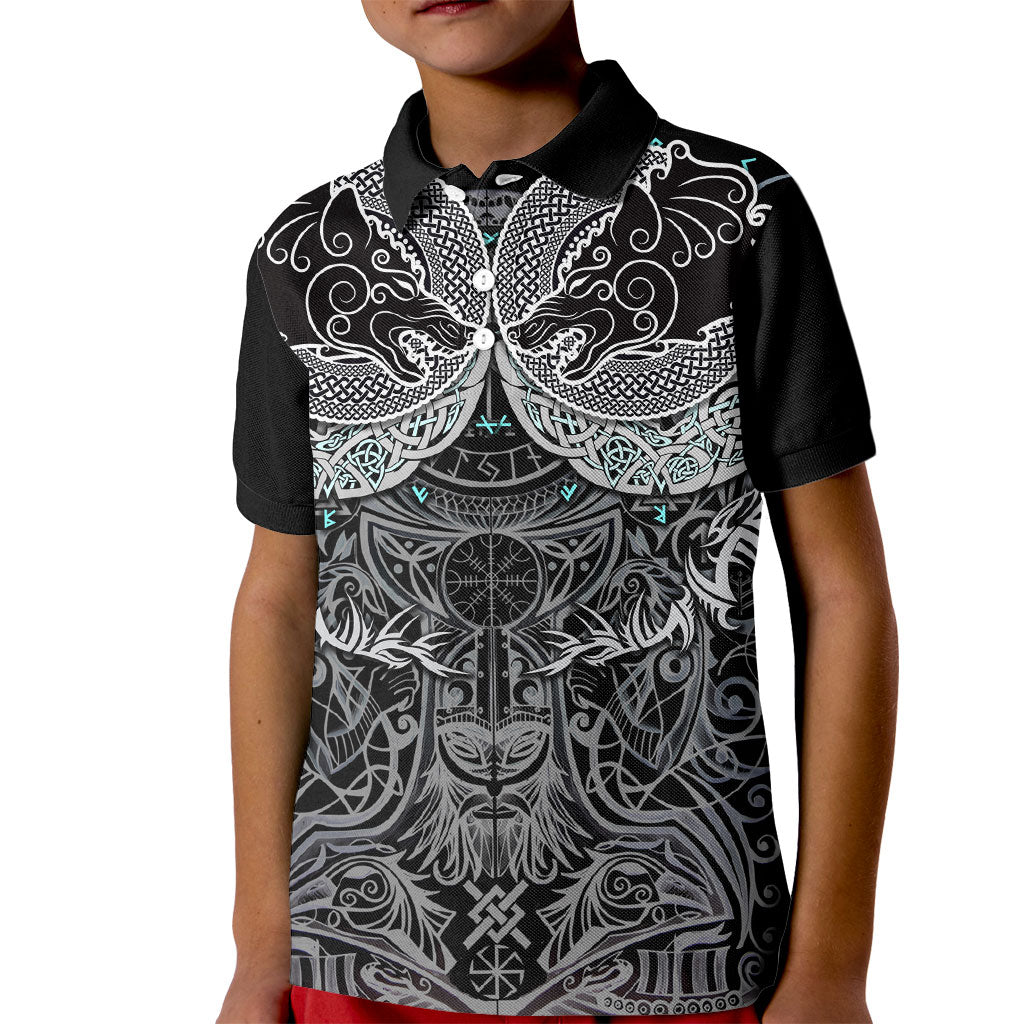Viking Odin Ravens Wolves Vegvisir Kid Polo Shirt Nordic Knotwork Mythology Engraving Style