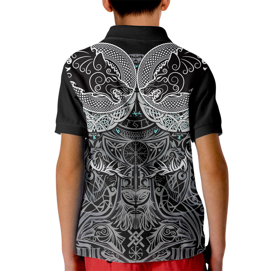 Viking Odin Ravens Wolves Vegvisir Kid Polo Shirt Nordic Knotwork Mythology Engraving Style