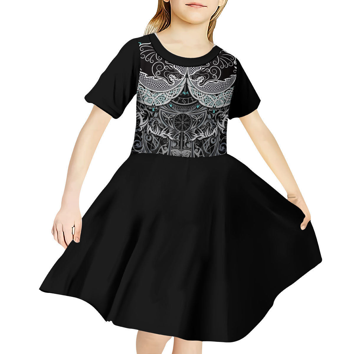 Viking Odin Ravens Wolves Vegvisir Kid Short Sleeve Dress Nordic Knotwork Mythology Engraving Style