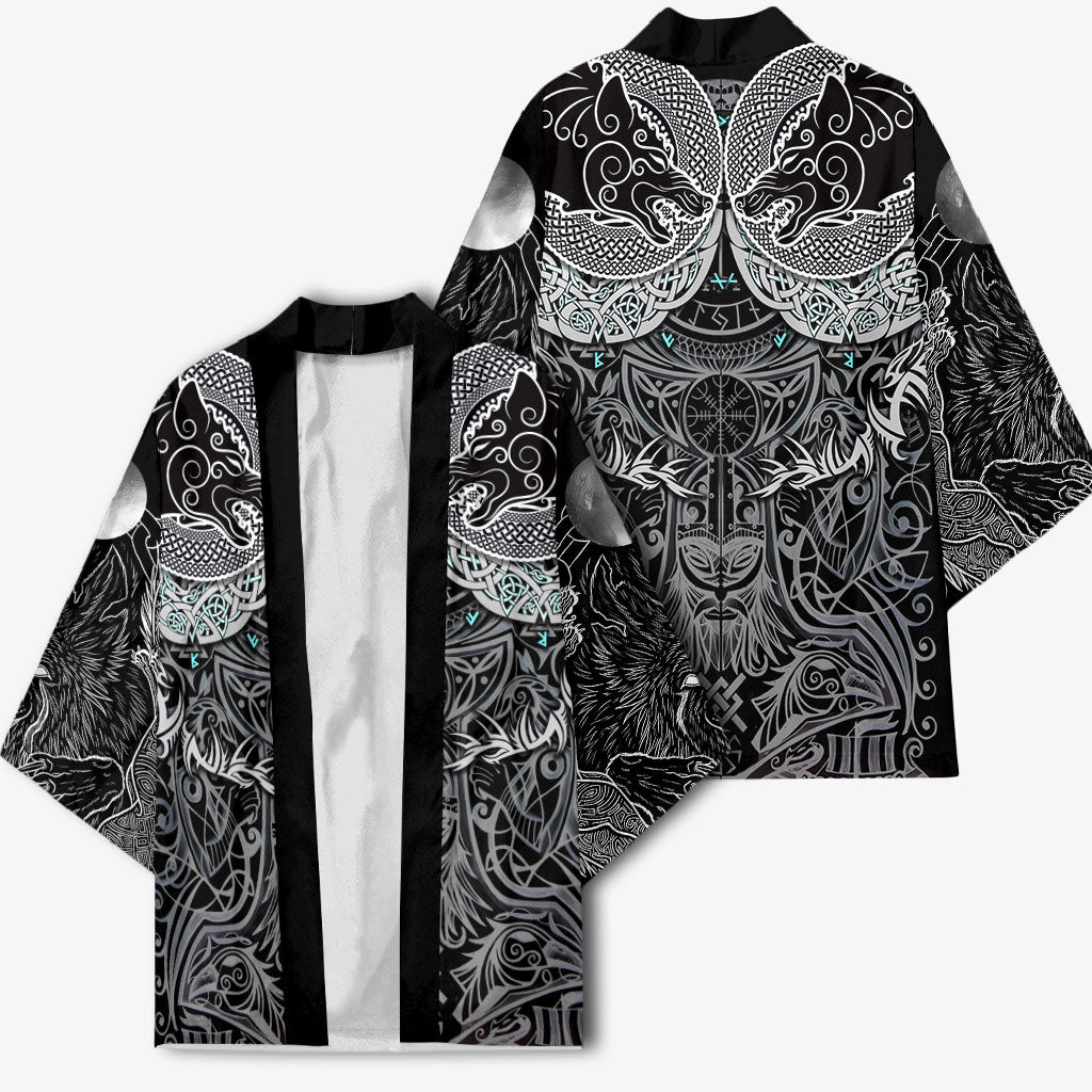 Viking Odin Ravens Wolves Vegvisir Kimono Nordic Knotwork Mythology Engraving Style
