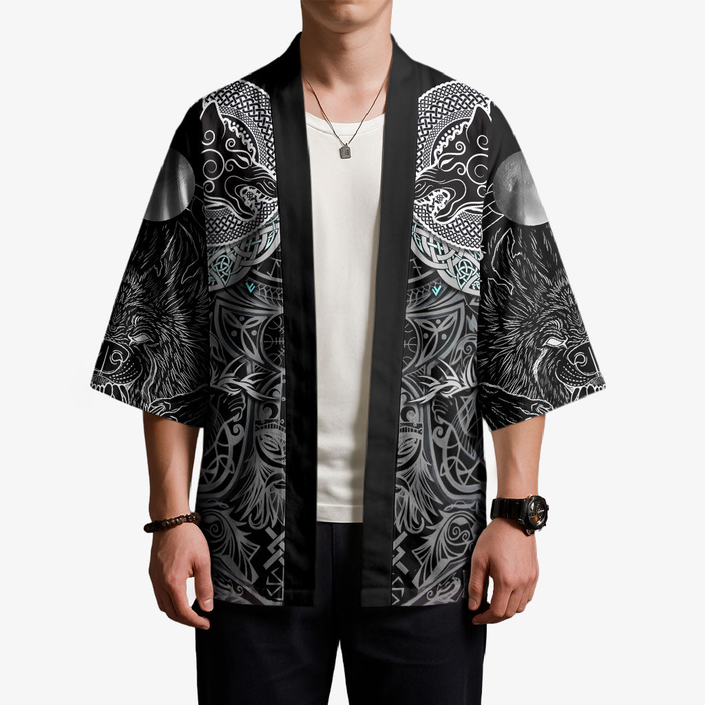 Viking Odin Ravens Wolves Vegvisir Kimono Nordic Knotwork Mythology Engraving Style