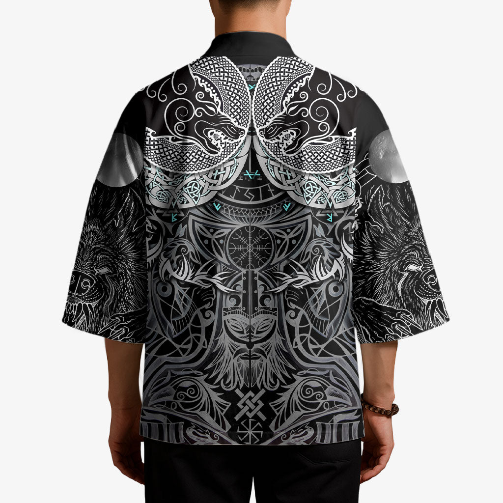 Viking Odin Ravens Wolves Vegvisir Kimono Nordic Knotwork Mythology Engraving Style