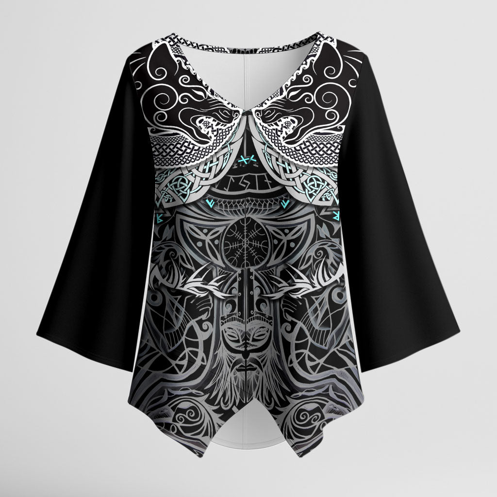 Viking Odin Ravens Wolves Vegvisir Kimono Sleeve Blouse Nordic Knotwork Mythology Engraving Style