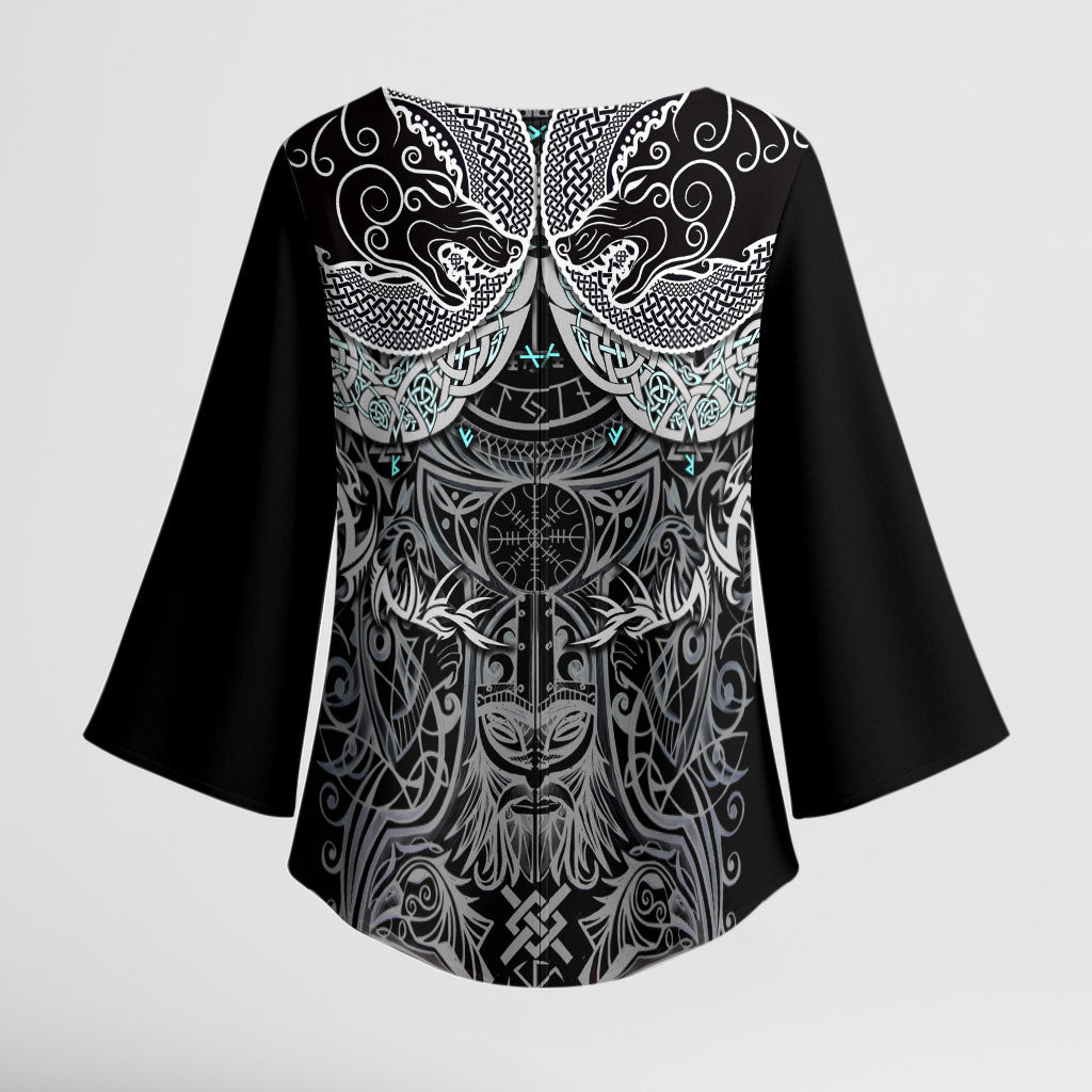 Viking Odin Ravens Wolves Vegvisir Kimono Sleeve Blouse Nordic Knotwork Mythology Engraving Style