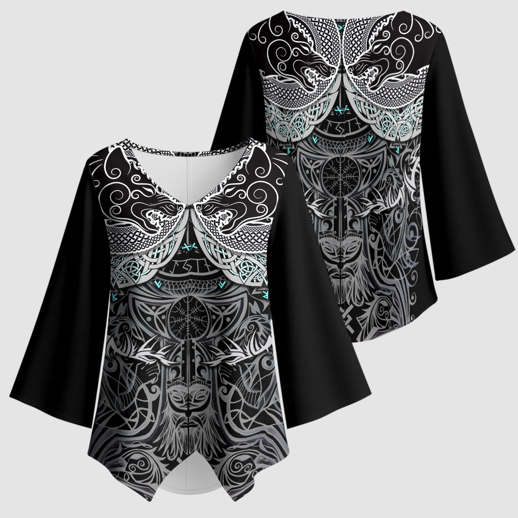 Viking Odin Ravens Wolves Vegvisir Kimono Sleeve Blouse Nordic Knotwork Mythology Engraving Style