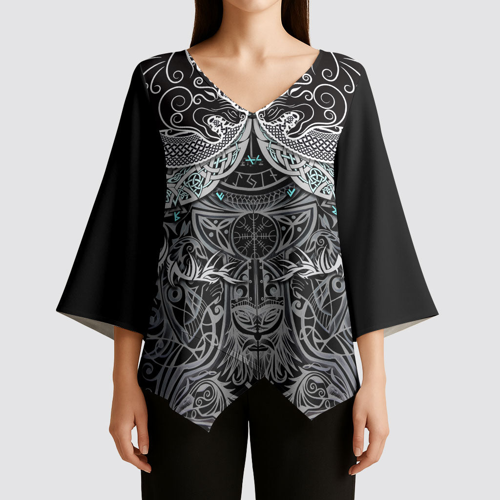 Viking Odin Ravens Wolves Vegvisir Kimono Sleeve Blouse Nordic Knotwork Mythology Engraving Style