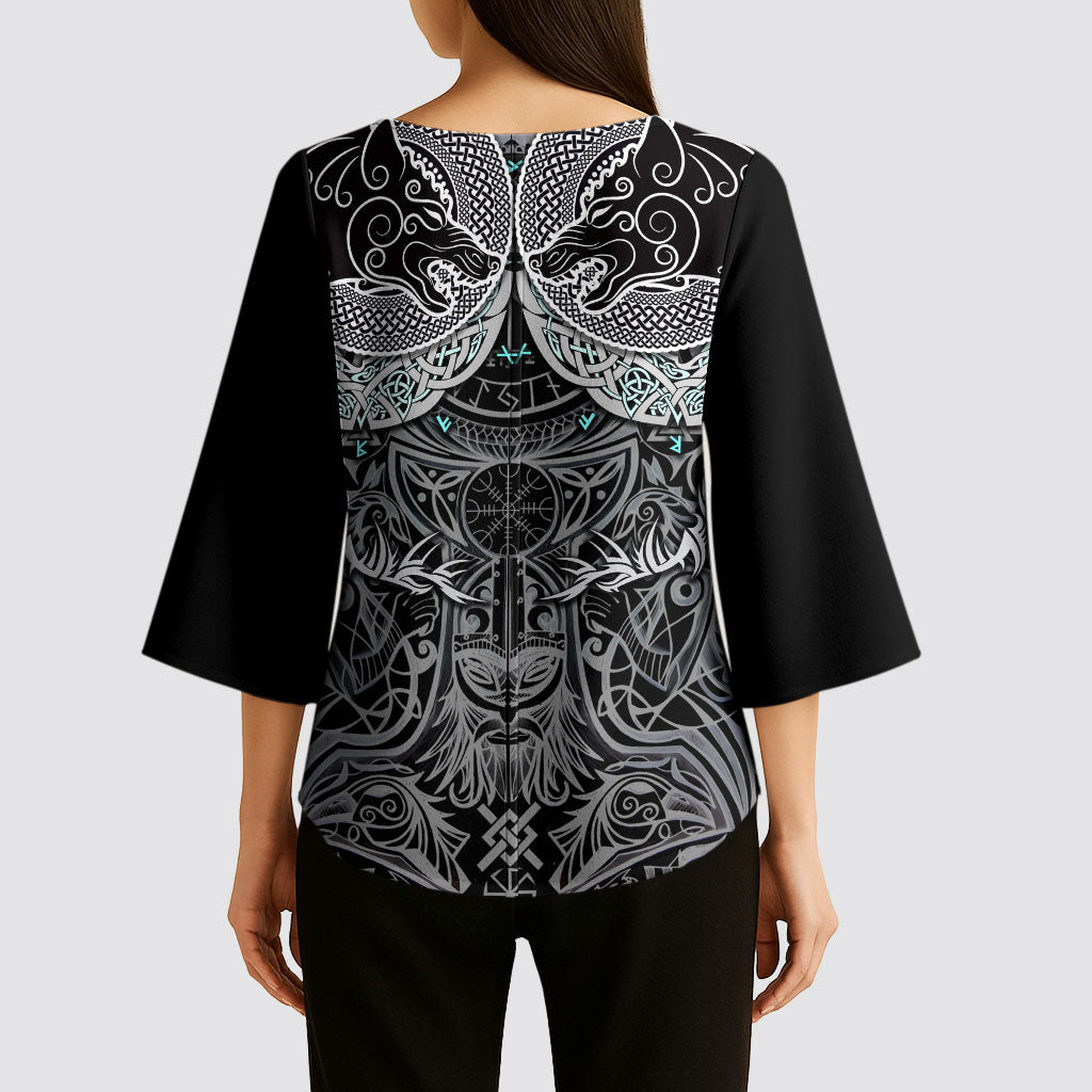 Viking Odin Ravens Wolves Vegvisir Kimono Sleeve Blouse Nordic Knotwork Mythology Engraving Style