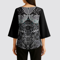 Viking Odin Ravens Wolves Vegvisir Kimono Sleeve Blouse Nordic Knotwork Mythology Engraving Style