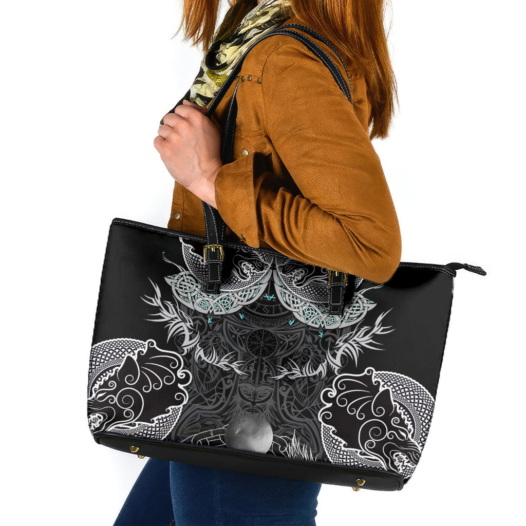 Viking Odin Ravens Wolves Vegvisir Leather Tote Bag Nordic Knotwork Mythology Engraving Style