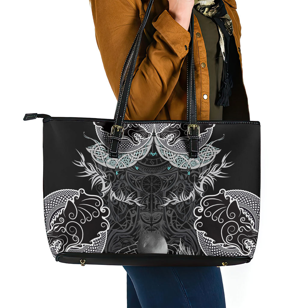 Viking Odin Ravens Wolves Vegvisir Leather Tote Bag Nordic Knotwork Mythology Engraving Style