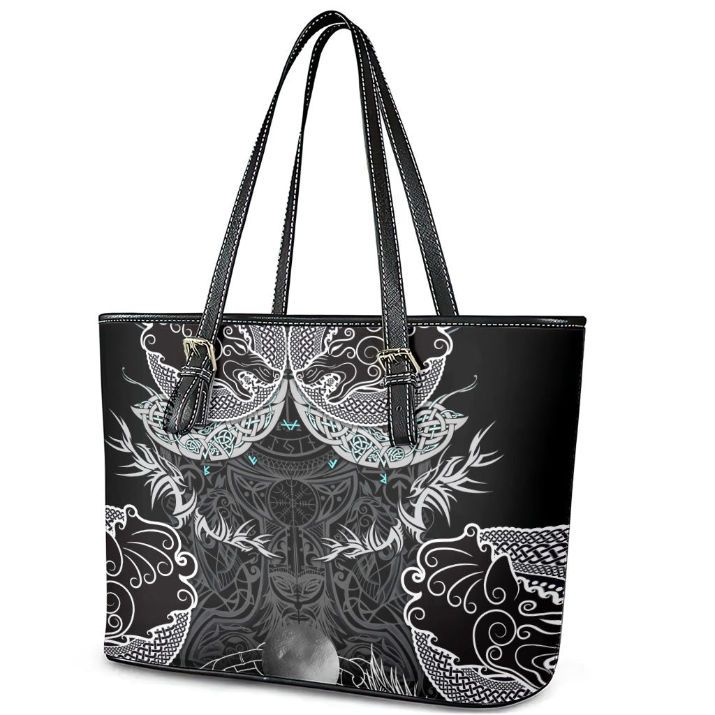 Viking Odin Ravens Wolves Vegvisir Leather Tote Bag Nordic Knotwork Mythology Engraving Style