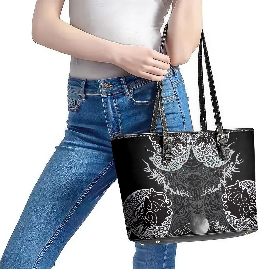 Viking Odin Ravens Wolves Vegvisir Leather Tote Bag Nordic Knotwork Mythology Engraving Style
