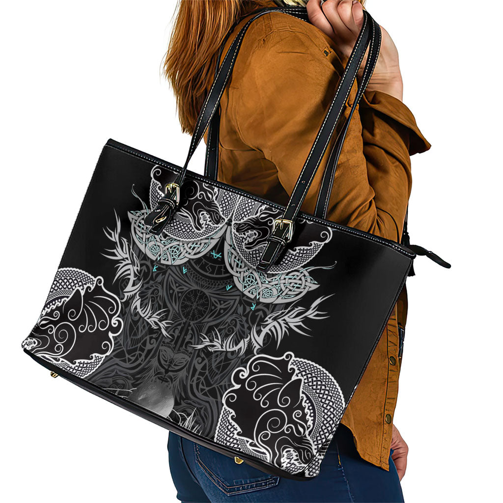 Viking Odin Ravens Wolves Vegvisir Leather Tote Bag Nordic Knotwork Mythology Engraving Style