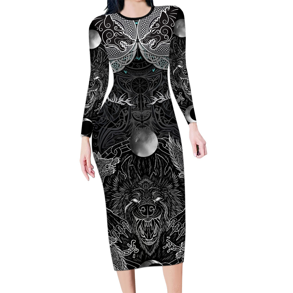 Viking Odin Ravens Wolves Vegvisir Long Sleeve Bodycon Dress Nordic Knotwork Mythology Engraving Style