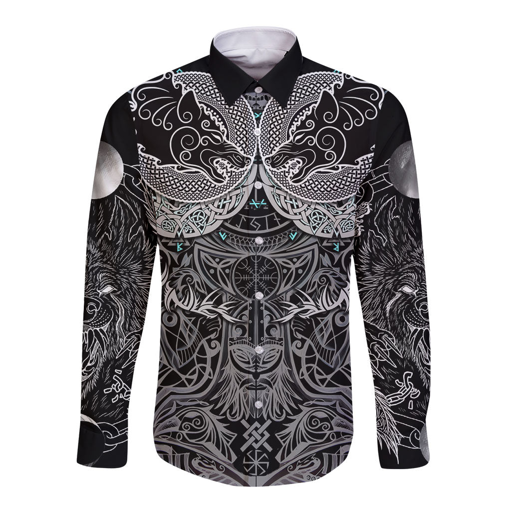 Viking Odin Ravens Wolves Vegvisir Long Sleeve Button Shirt Nordic Knotwork Mythology Engraving Style