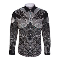 Viking Odin Ravens Wolves Vegvisir Long Sleeve Button Shirt Nordic Knotwork Mythology Engraving Style