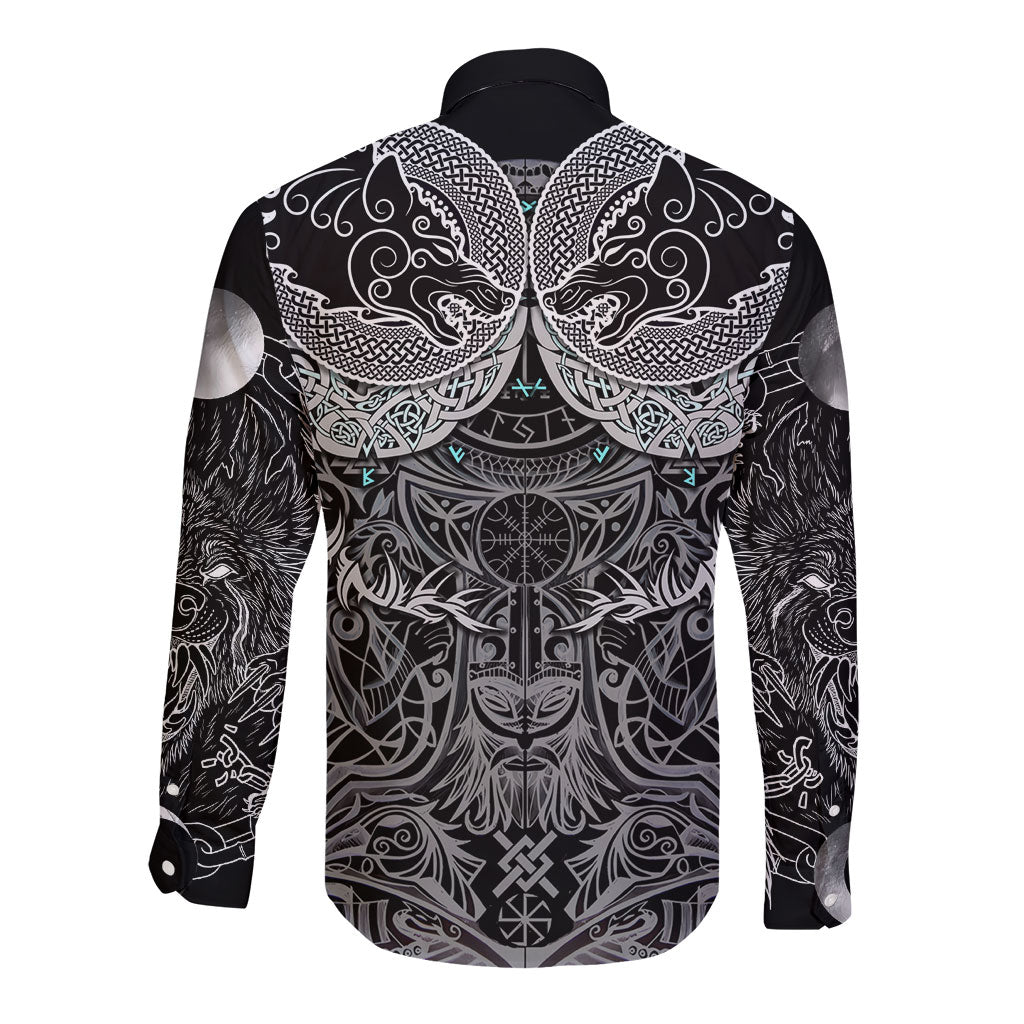 Viking Odin Ravens Wolves Vegvisir Long Sleeve Button Shirt Nordic Knotwork Mythology Engraving Style