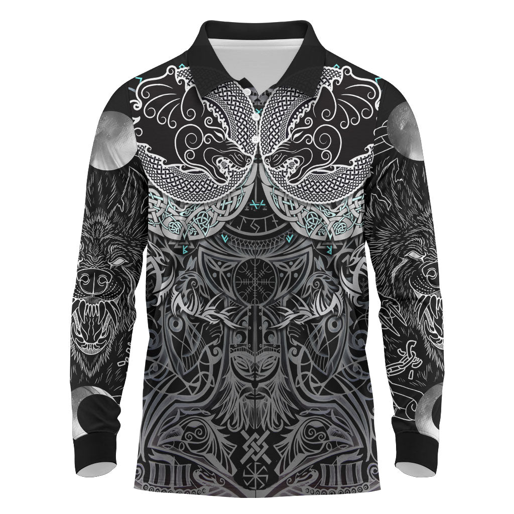 Viking Odin Ravens Wolves Vegvisir Long Sleeve Polo Shirt Nordic Knotwork Mythology Engraving Style