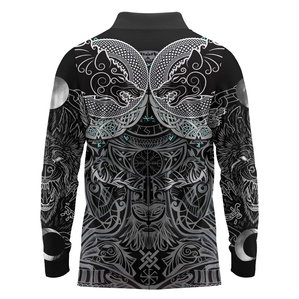 Viking Odin Ravens Wolves Vegvisir Long Sleeve Polo Shirt Nordic Knotwork Mythology Engraving Style