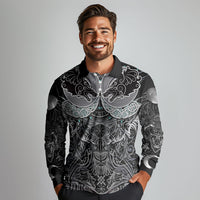 Viking Odin Ravens Wolves Vegvisir Long Sleeve Polo Shirt Nordic Knotwork Mythology Engraving Style