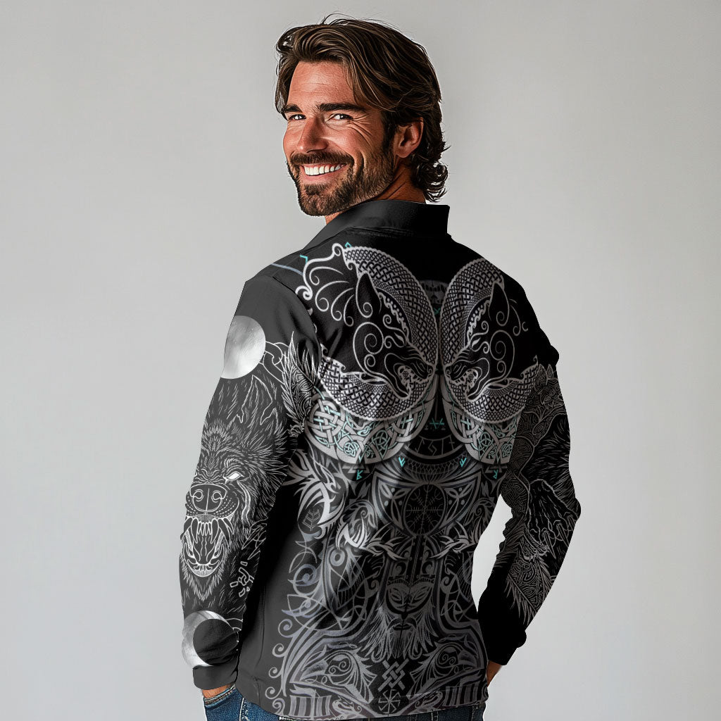 Viking Odin Ravens Wolves Vegvisir Long Sleeve Polo Shirt Nordic Knotwork Mythology Engraving Style