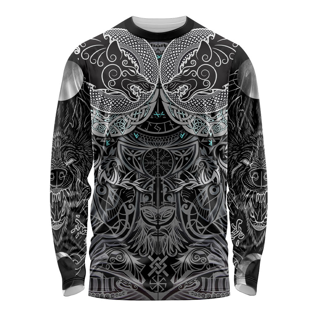Viking Odin Ravens Wolves Vegvisir Long Sleeve Shirt Nordic Knotwork Mythology Engraving Style