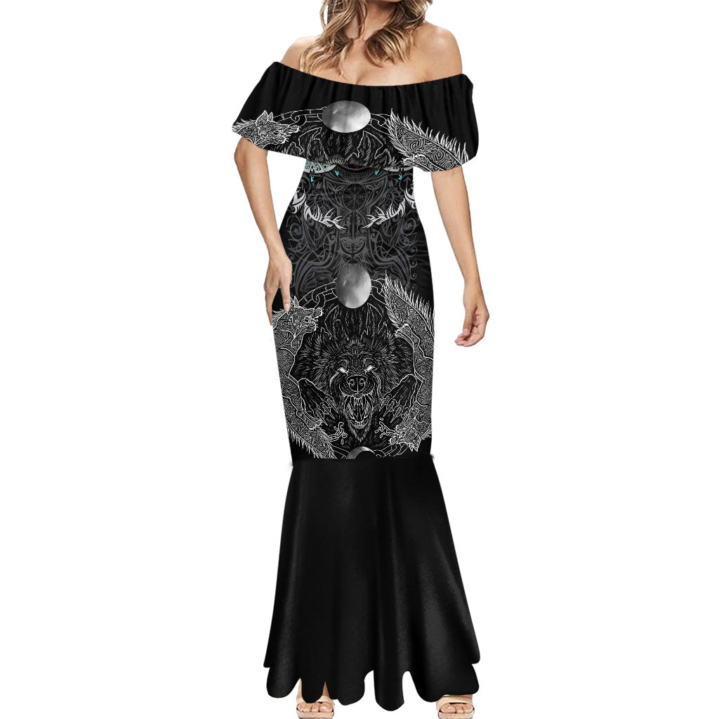 Viking Odin Ravens Wolves Vegvisir Mermaid Dress Nordic Knotwork Mythology Engraving Style