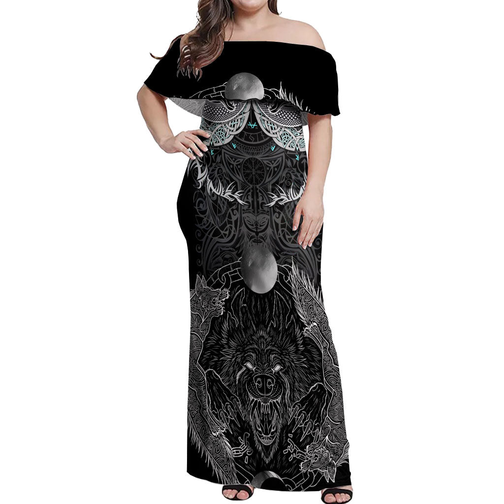 Viking Odin Ravens Wolves Vegvisir Off Shoulder Maxi Dress Nordic Knotwork Mythology Engraving Style