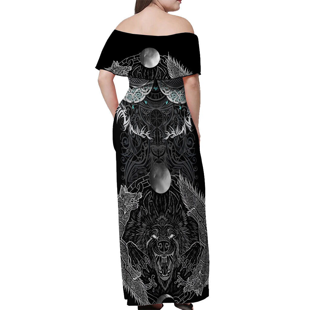 Viking Odin Ravens Wolves Vegvisir Off Shoulder Maxi Dress Nordic Knotwork Mythology Engraving Style