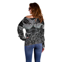 Viking Odin Ravens Wolves Vegvisir Off Shoulder Sweater Nordic Knotwork Mythology Engraving Style