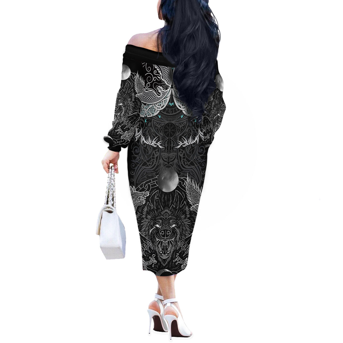 Viking Odin Ravens Wolves Vegvisir Off The Shoulder Long Sleeve Dress Nordic Knotwork Mythology Engraving Style