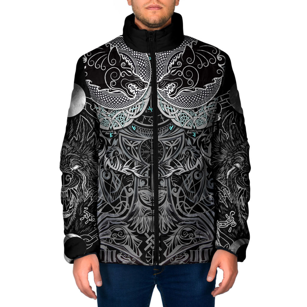 Viking Odin Ravens Wolves Vegvisir Padded Jacket Nordic Knotwork Mythology Engraving Style