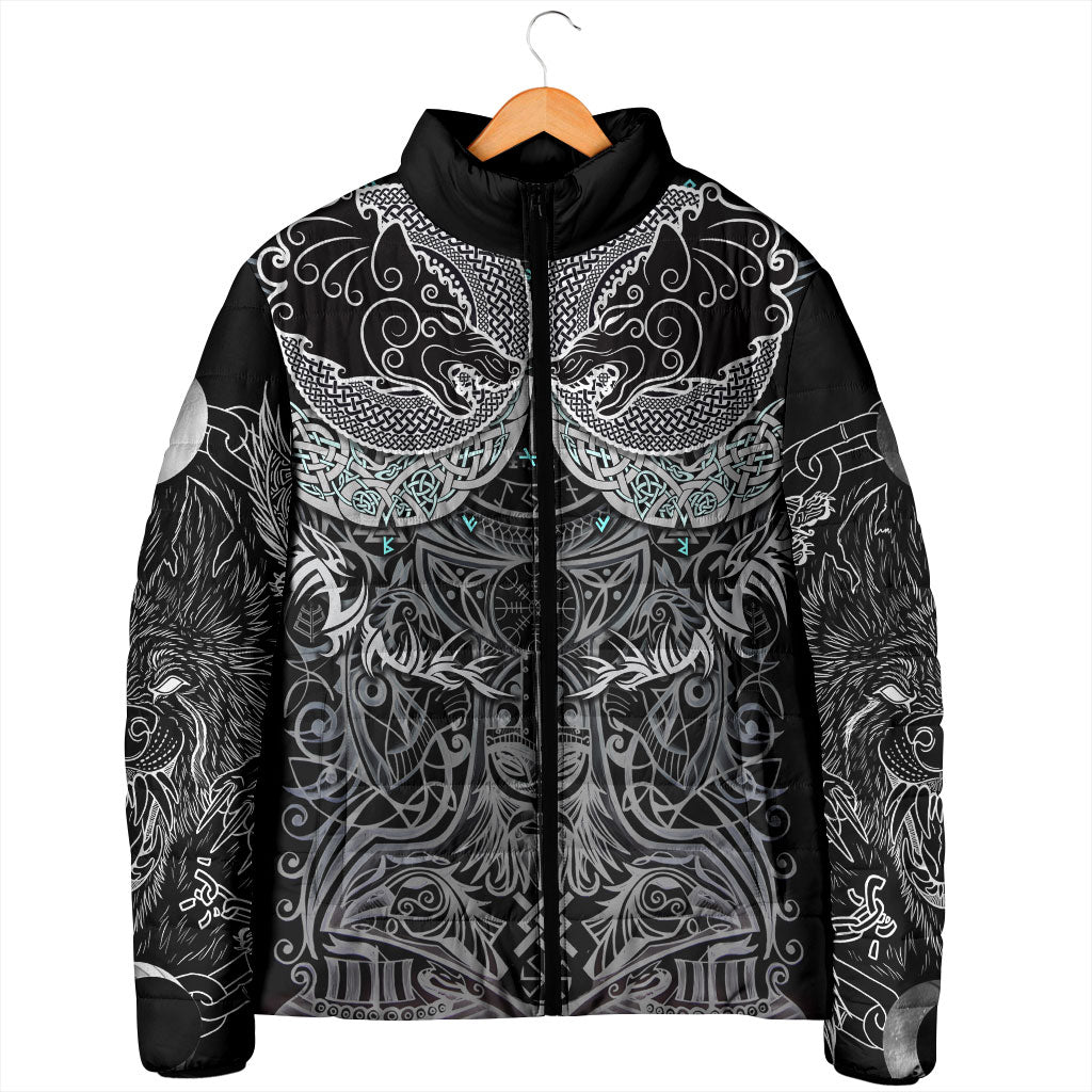 Viking Odin Ravens Wolves Vegvisir Padded Jacket Nordic Knotwork Mythology Engraving Style