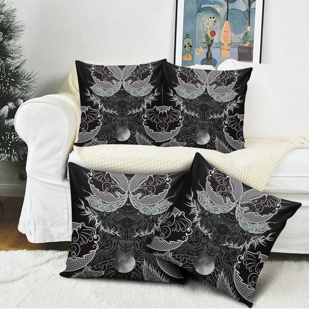 Viking Odin Ravens Wolves Vegvisir Pillow Cover Nordic Knotwork Mythology Engraving Style