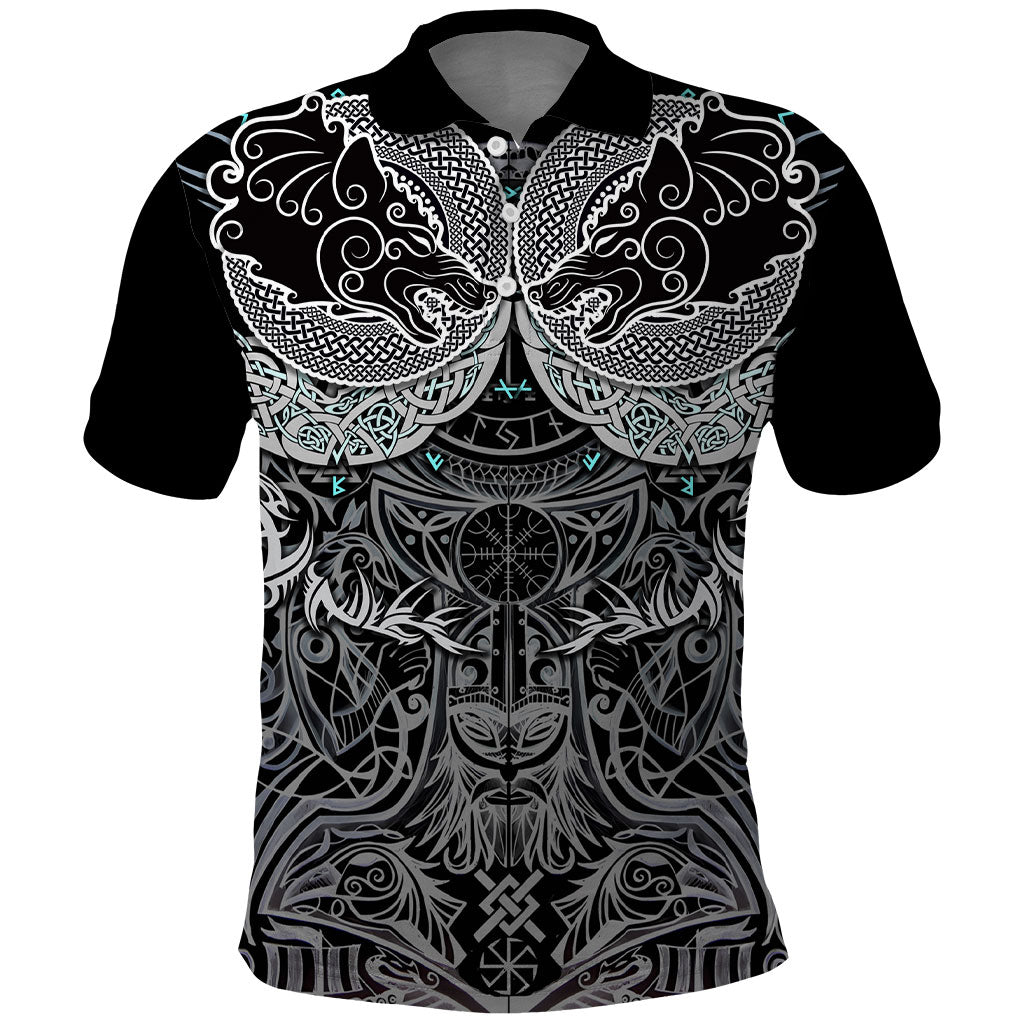 Viking Odin Ravens Wolves Vegvisir Polo Shirt Nordic Knotwork Mythology Engraving Style