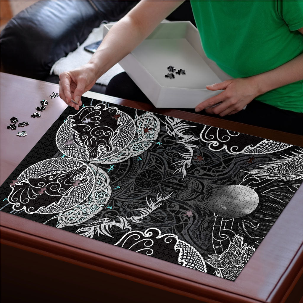 Viking Odin Ravens Wolves Vegvisir Puzzle Nordic Knotwork Mythology Engraving Style
