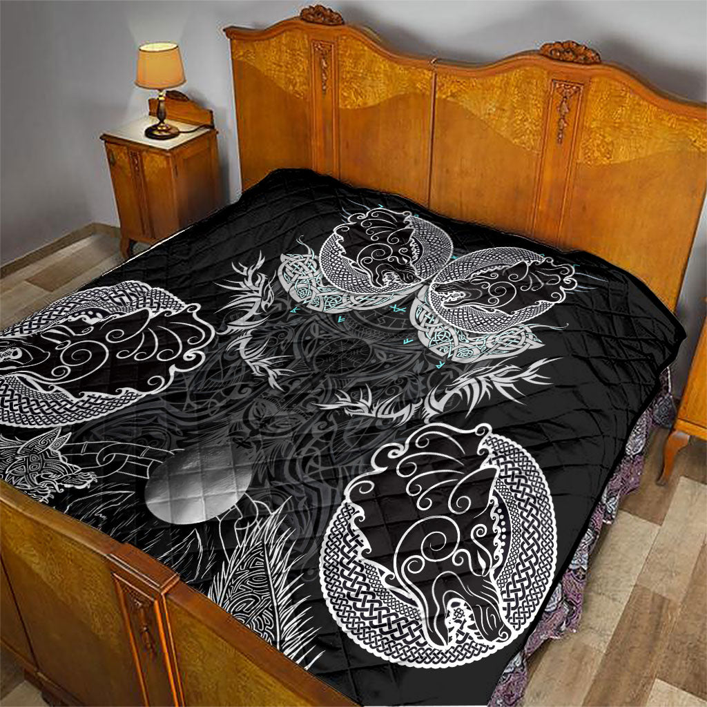 Viking Odin Ravens Wolves Vegvisir Quilt Nordic Knotwork Mythology Engraving Style