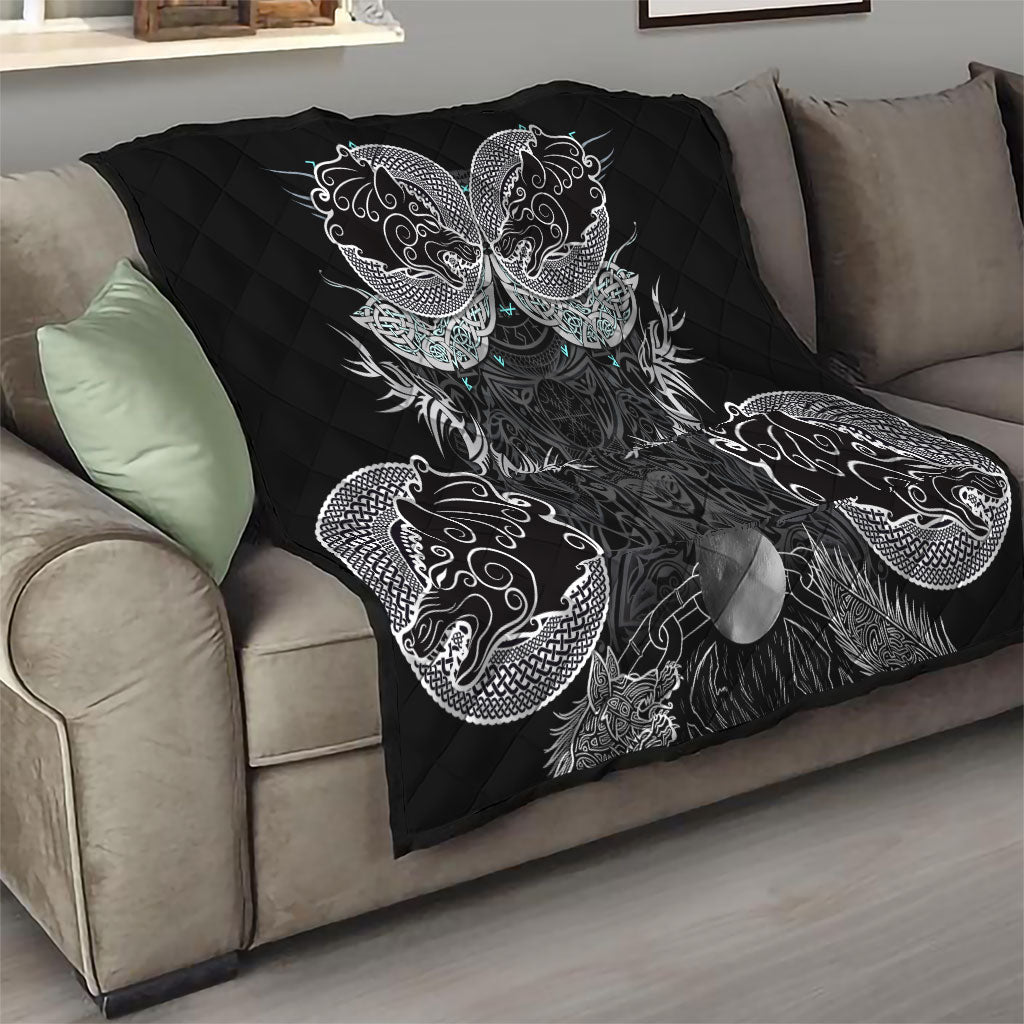 Viking Odin Ravens Wolves Vegvisir Quilt Nordic Knotwork Mythology Engraving Style