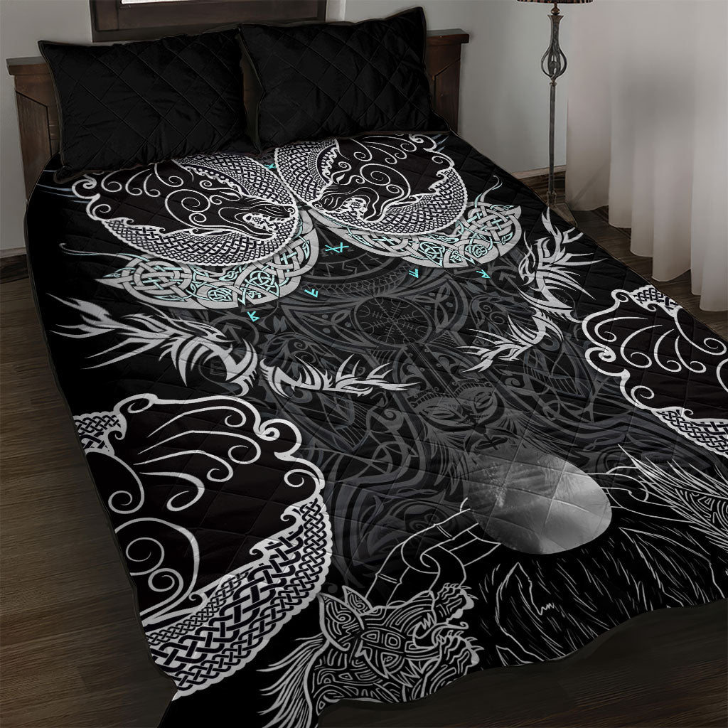 Viking Odin Ravens Wolves Vegvisir Quilt Bed Set Nordic Knotwork Mythology Engraving Style