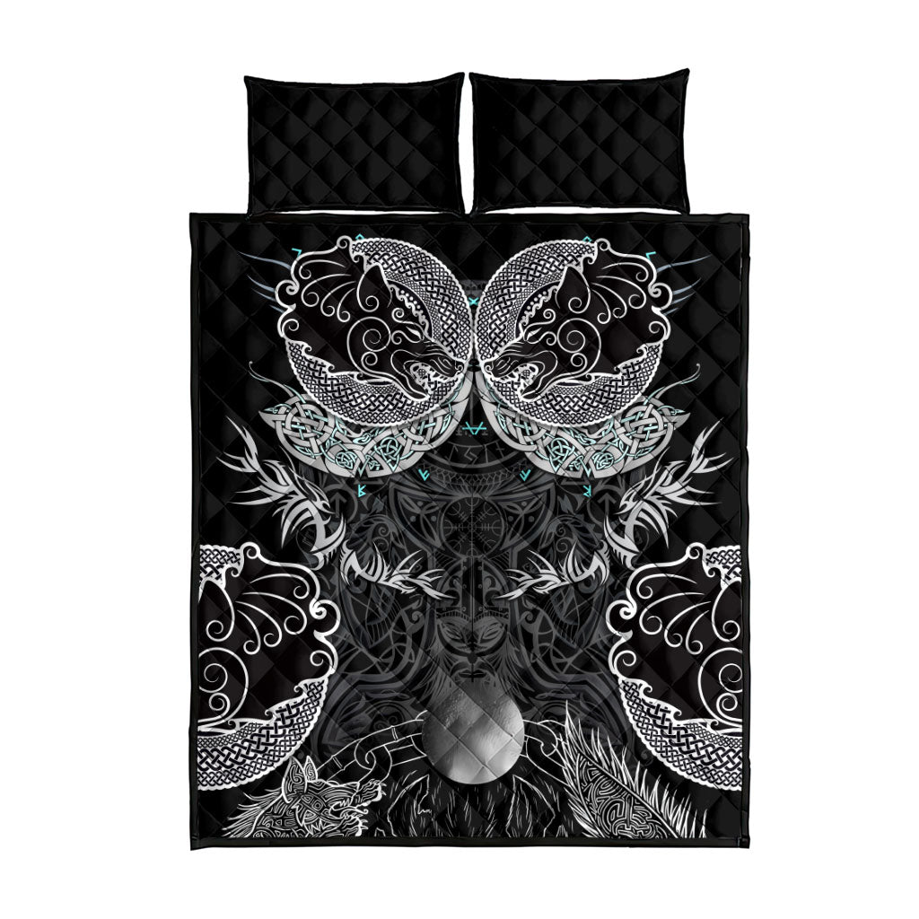 Viking Odin Ravens Wolves Vegvisir Quilt Bed Set Nordic Knotwork Mythology Engraving Style