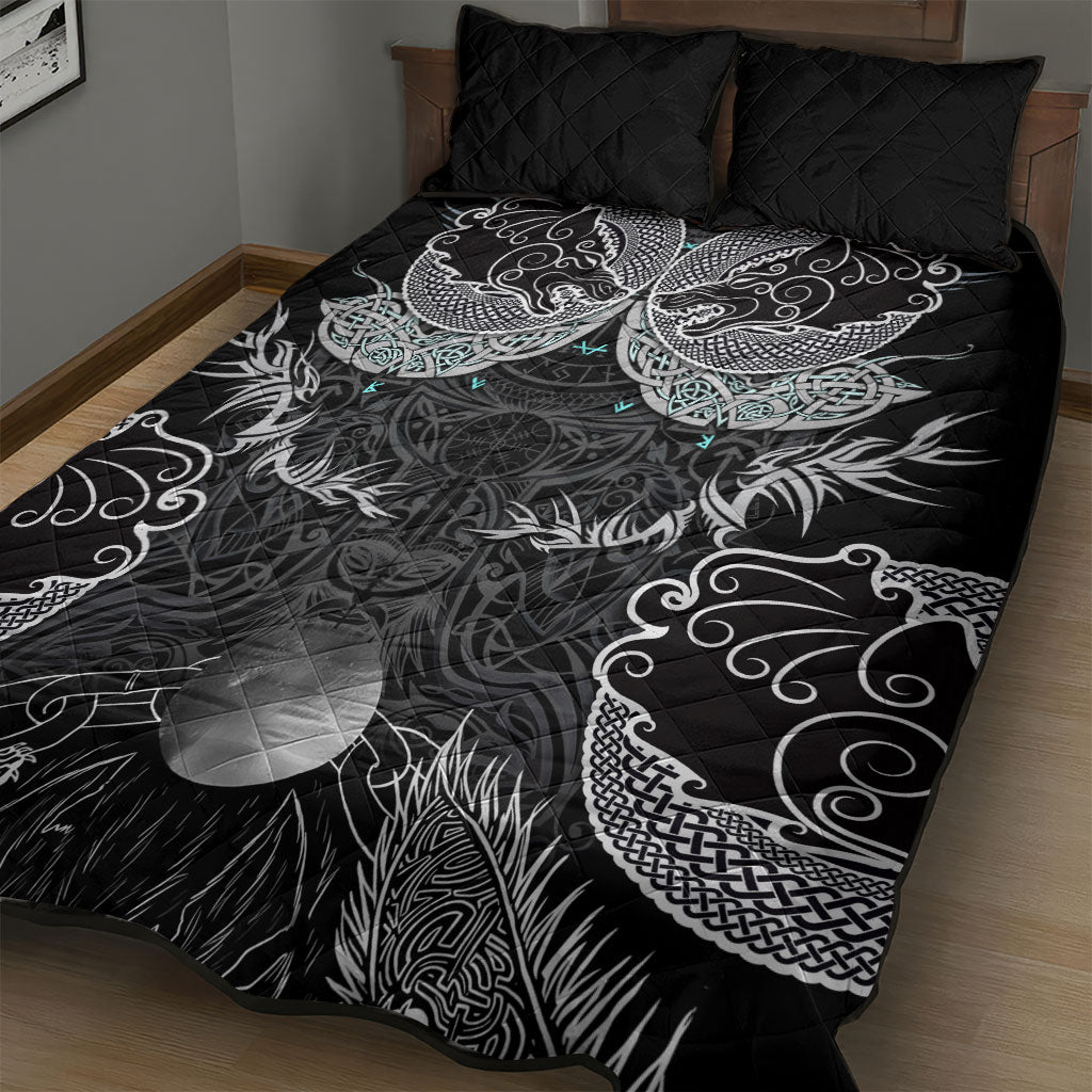 Viking Odin Ravens Wolves Vegvisir Quilt Bed Set Nordic Knotwork Mythology Engraving Style