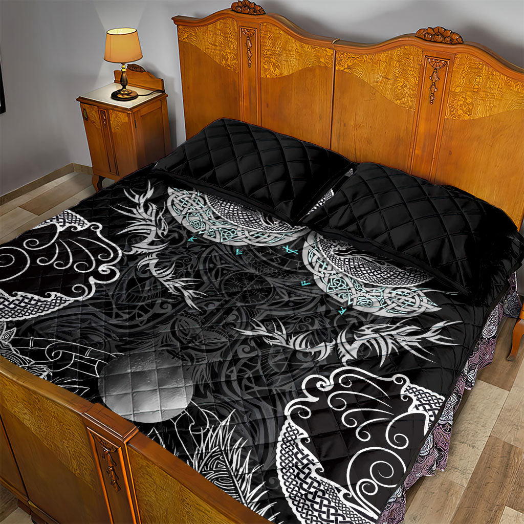 Viking Odin Ravens Wolves Vegvisir Quilt Bed Set Nordic Knotwork Mythology Engraving Style
