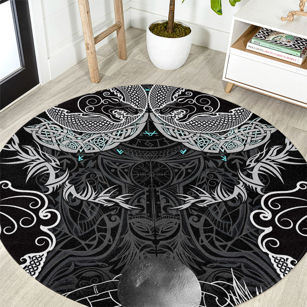 Viking Odin Ravens Wolves Vegvisir Round Carpet Nordic Knotwork Mythology Engraving Style