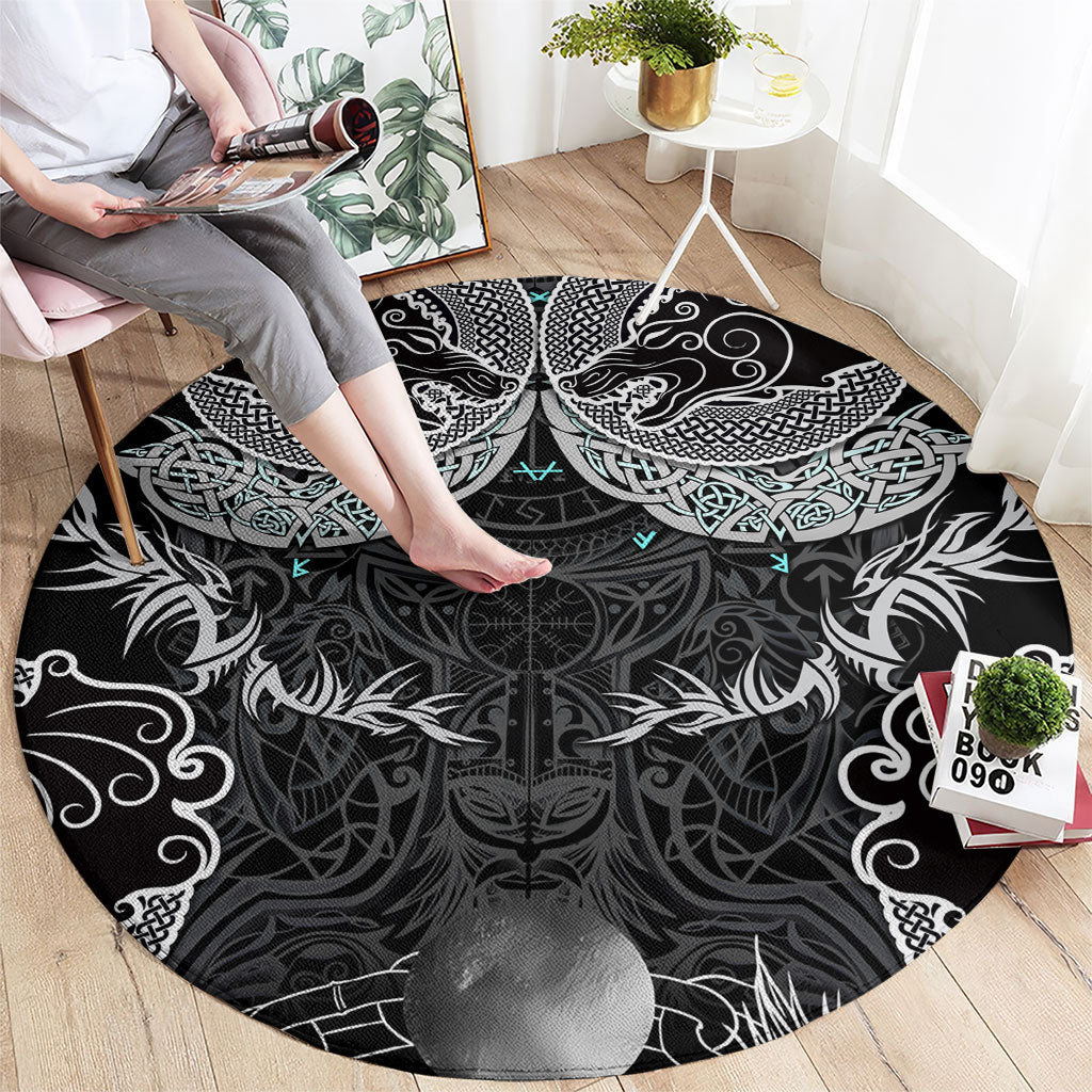 Viking Odin Ravens Wolves Vegvisir Round Carpet Nordic Knotwork Mythology Engraving Style