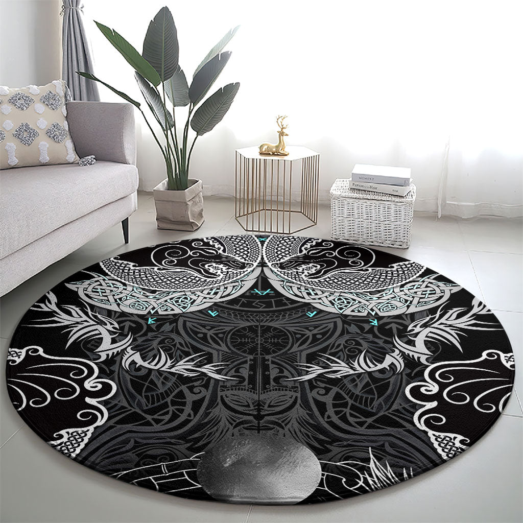 Viking Odin Ravens Wolves Vegvisir Round Carpet Nordic Knotwork Mythology Engraving Style